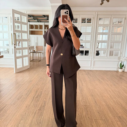 Casual Women's Trouser Suit Single Button Blazer High Waist Wide Leg Pants Lady Suits 2025 Spring Summer 2 Pieces Set Women
