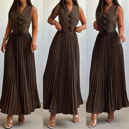 Elegant Temperament Slim Party Suit Office Simple Solid Color Pleated Outfits Ladies Sexy V Neck Rose Top and Long Skirt 2pc Set