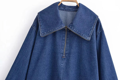 KONDALA Vintage Casual Chic Women Cowboy Suit Zipper Loose Jackets Long Pockets Pants Fashion 2025 Spring Summer Denim Suits