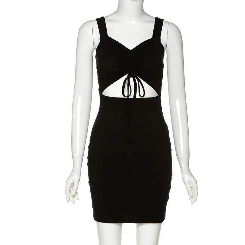 Summer Sexy Mini Dress Women Sleeveless Strap Streetwear Backless Folds Bodycon Black Dress Party Elegant A-LINE Dresses