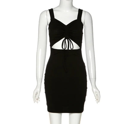 Summer Sexy Mini Dress Women Sleeveless Strap Streetwear Backless Folds Bodycon Black Dress Party Elegant A-LINE Dresses