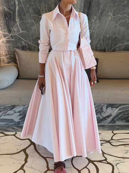 Women's Casual Pleated Skirts Set Two-piece Fashion Lapel Full Sleeve Button Top & Maxi Dress Lady 2025 Spring Street Outfits