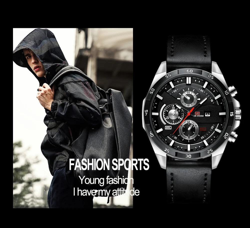 Top Men Watch Sports Style 46mm Large Leather Racing Style Casual Fashion Original Black Rose Gold Calendar Quartz Watch Relogio