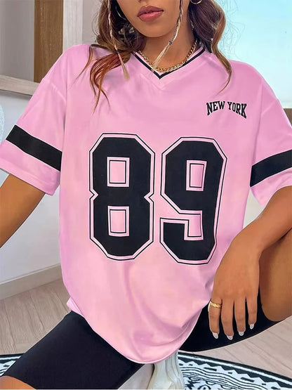 Summer Women T-shirts Number 89 Short Sleeve Trend 3D Print V-neck Sport Tees Streetwear Oversized Casual Fashion Female Top