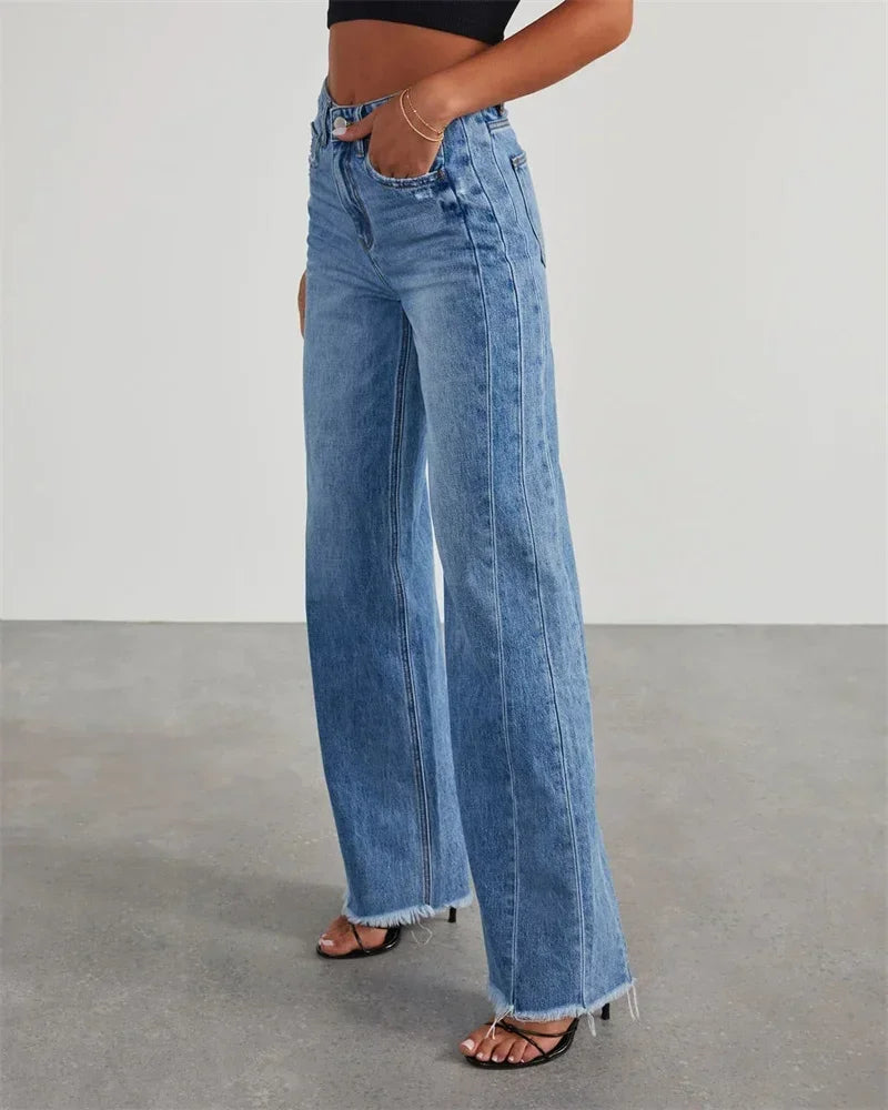 Fashion Straight Tassel Jeans Women Mid Waist Button Pocket Denim Pants Female Commuter Casual Loose Wide Leg Trousers 2023 New