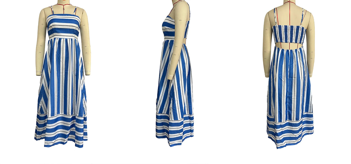 Fashion Stripe Slip Maxi Dress Women 2024 New Elegant Sleeveless Slash Neck Suspender Beach Dress Females Holiday Party Vestidos