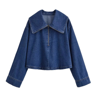 KONDALA Vintage Casual Chic Women Cowboy Suit Zipper Loose Jackets Long Pockets Pants Fashion 2025 Spring Summer Denim Suits