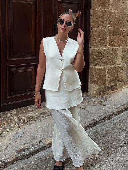 HH Women 2 Piece Skirt Set Elegant V-Neck Sleeveless Button Knitted Vest Top+Splicing High Waist Zipper Ankle-Length Skirts