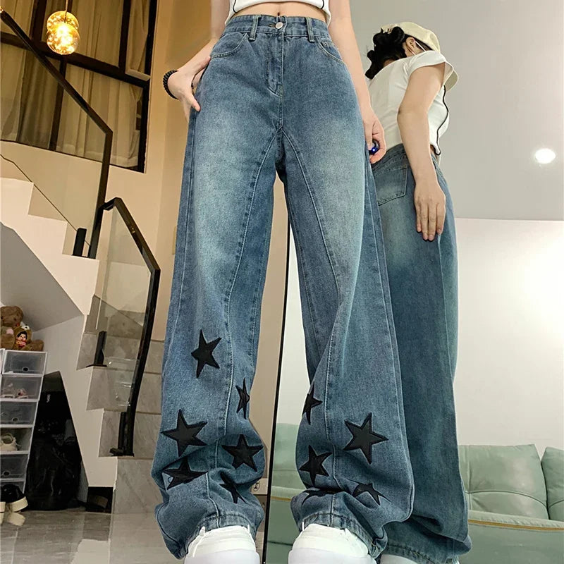 Woman Men American Retro Jeans High Waist Straight Wide Leg Denim Pants High Street Unisex Punk Washed Oversized Loose Trousers