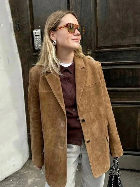 Vintage Suede Single Breasted Female Jackets Chic Long Sleeve Lapel Coats for Women 2025 Spring New Lady Outerwear High Street