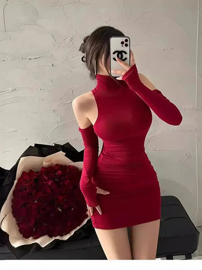 Summer Sexy High Neck Tight Dress Oversleeve Pleated Bottom Wrapped Hip Dress Women Bodycon