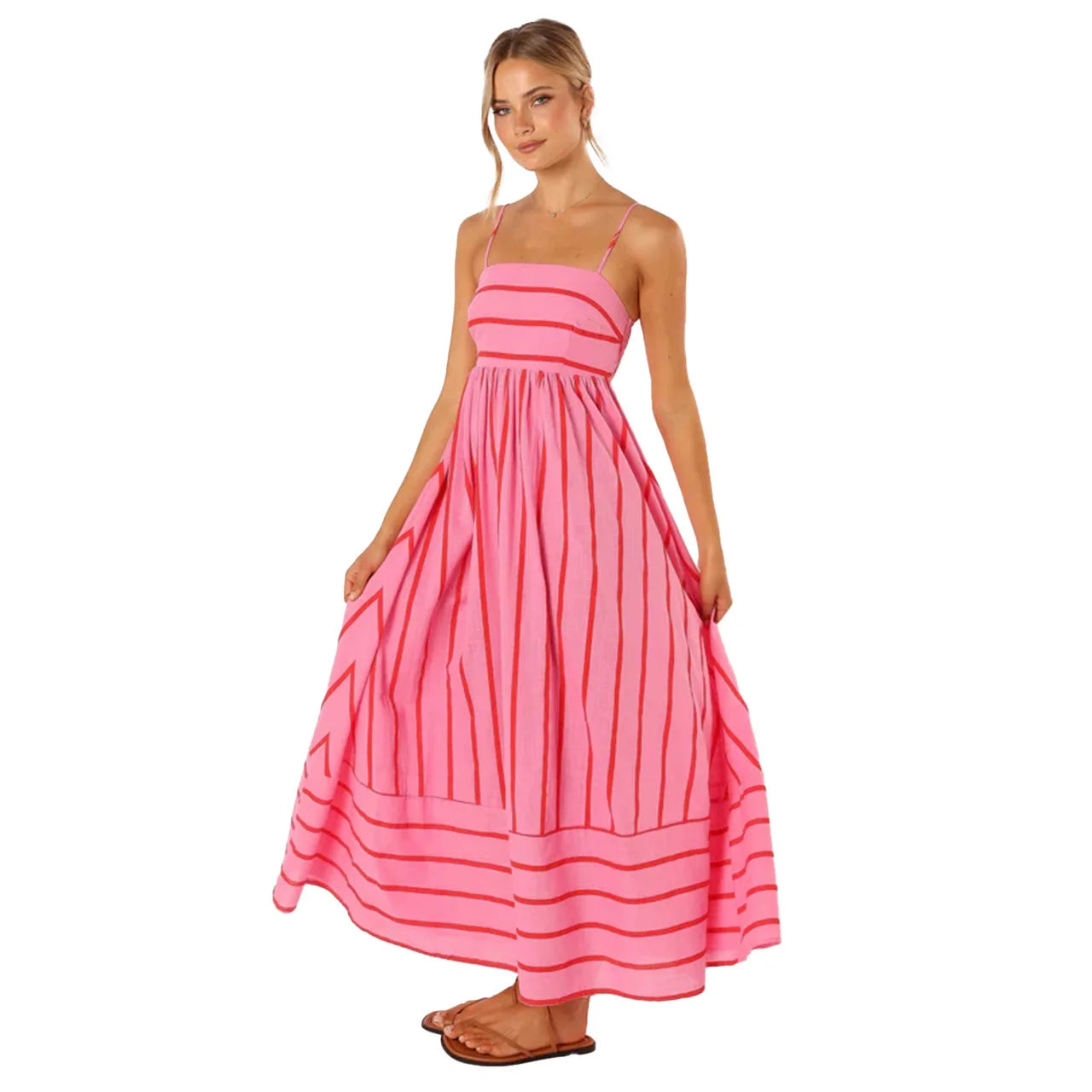Fashion Stripe Slip Maxi Dress Women 2024 New Elegant Sleeveless Slash Neck Suspender Beach Dress Females Holiday Party Vestidos