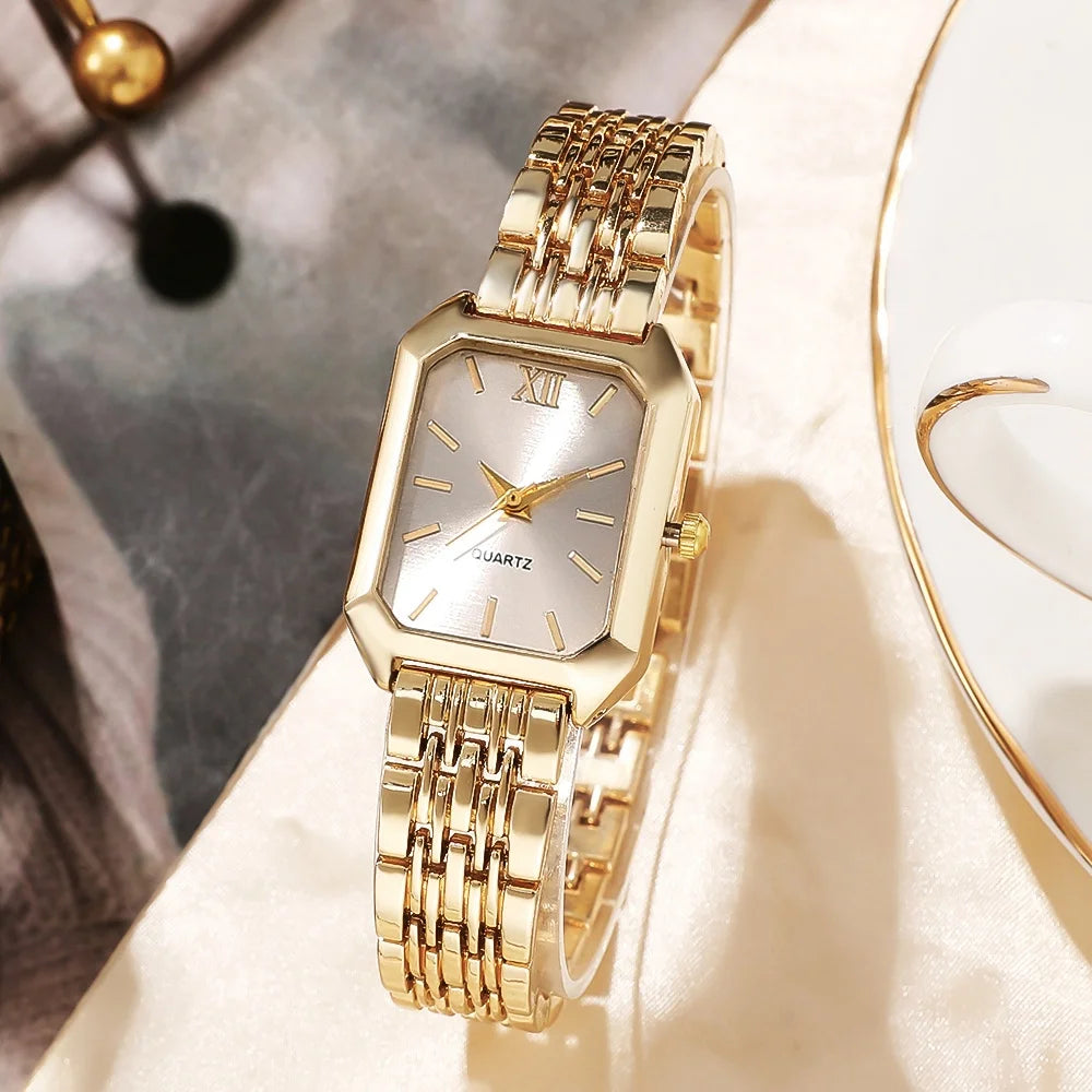 5PCS/Set Elegant Rectangle Women Watches Fashion Ladies Quartz Wristwatch Jewelry Set Reloj Mujer Girls Clock Gift（Without Box）