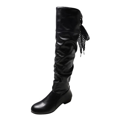 Womens Fashion Leather Shoes Bow Tie Thick Heel Long Boots Socks For Women Knee High Boots British Style 2024 Winter Flat Shoes