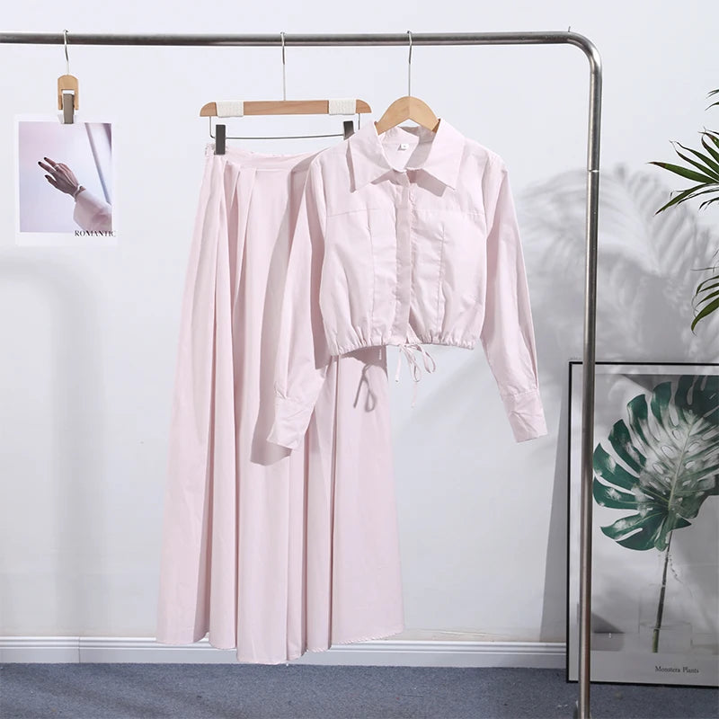 Women's Casual Pleated Skirts Set Two-piece Fashion Lapel Full Sleeve Button Top & Maxi Dress Lady 2025 Spring Street Outfits