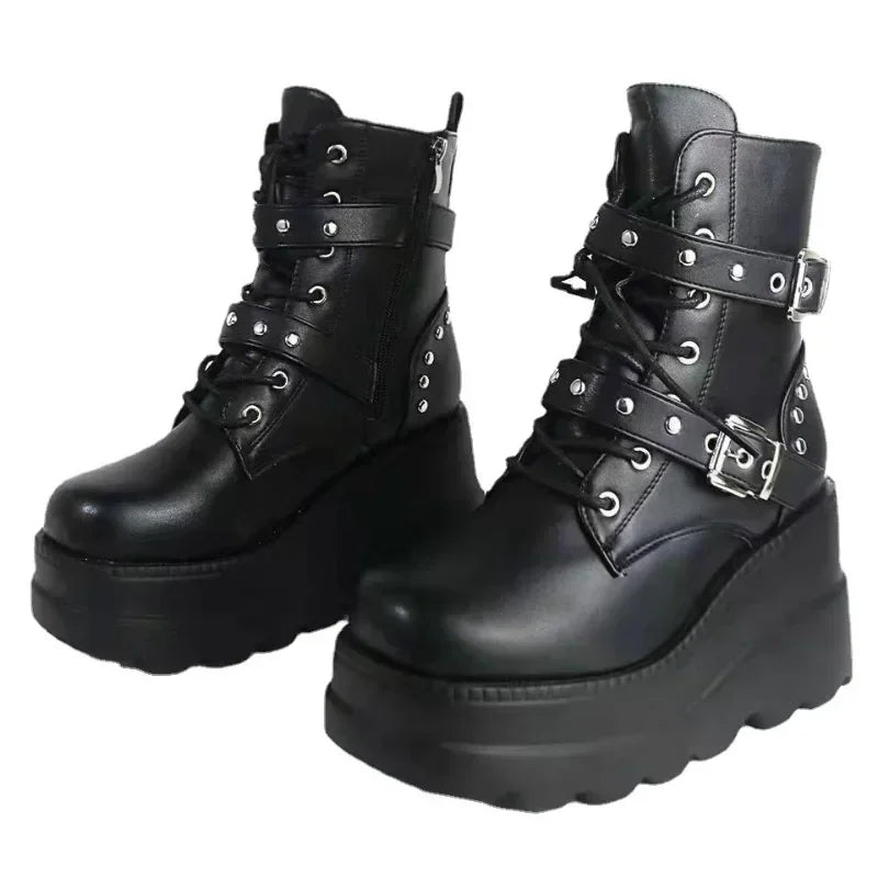 New Women Pu Leather Ankle Booties Woman Autumn Winter Round Toe Lace Up Shoes Woman Motorcycle Platform Gothic Boots Cosplay