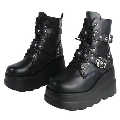 New Women Pu Leather Ankle Booties Woman Autumn Winter Round Toe Lace Up Shoes Woman Motorcycle Platform Gothic Boots Cosplay