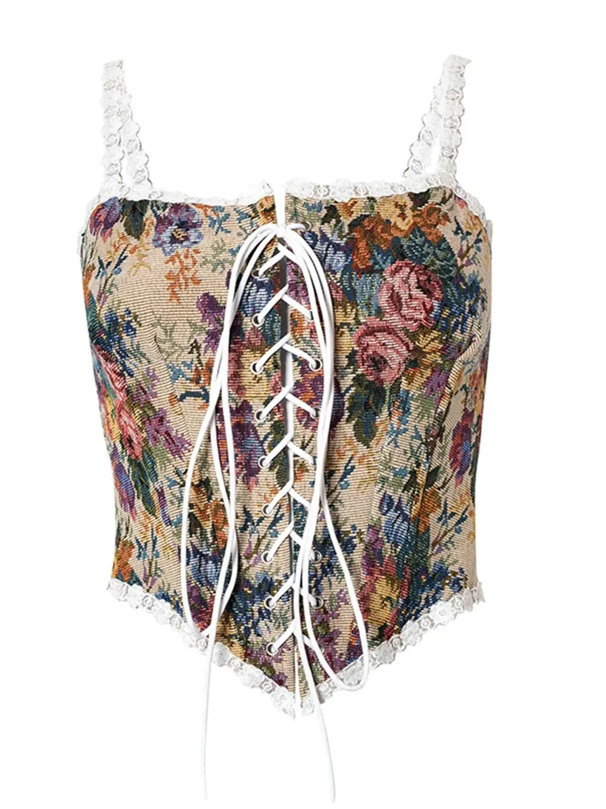 Women Retro Jacquard Corset Lace Floral Trim Bandage Bustier Crop Tops Boat Neck Irregular Camisole Tank Tops Female