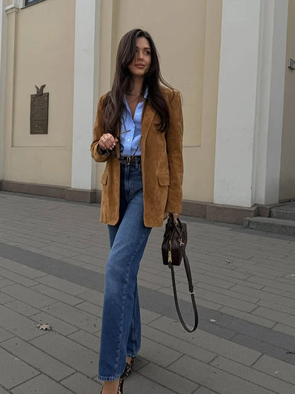 Vintage Suede Single Breasted Female Jackets Chic Long Sleeve Lapel Coats for Women 2025 Spring New Lady Outerwear High Street