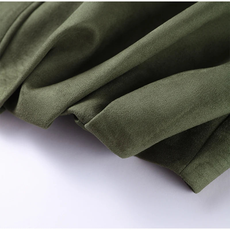 Autumn Women's Green Suede Short Jacket Loose Lapel Zipper Long Sleeve Bomber Coat Female 2025 New Lady High Street Outwears