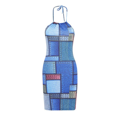 Summer Faux Denim Print Neck-mounted Spaghetti Strap Dress Women Sexy Slim Sleeveless Backless Dresses Fashion Wrap Hip Vestidos