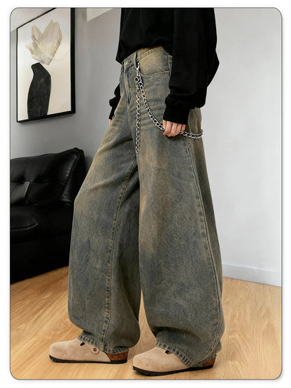 American Retro Baggy Wide Leg Jeans Men's Korea Streetwear Distressed y2k Clothing Casual Daily Four Seasons Denim Pants Unisex