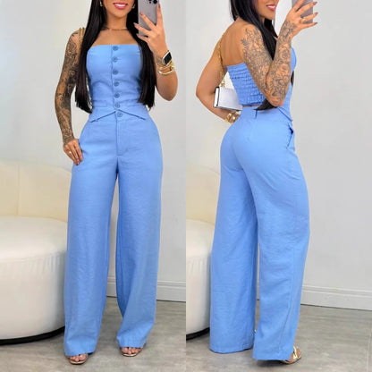 Women Fashion Sexy Summer 2 Pieces Outfit Bandeau Button Decor Vest Top & Casual Wide Leg Pants Set