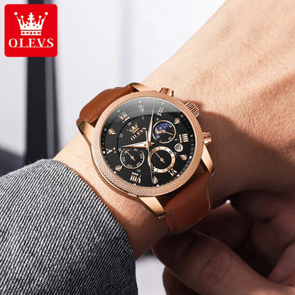 OLEVS 3660 Moon Phase Chronograph Luminous Men's Watches Leather Strap Waterproof Original Quartz Watch for Man Brand Wristwatch