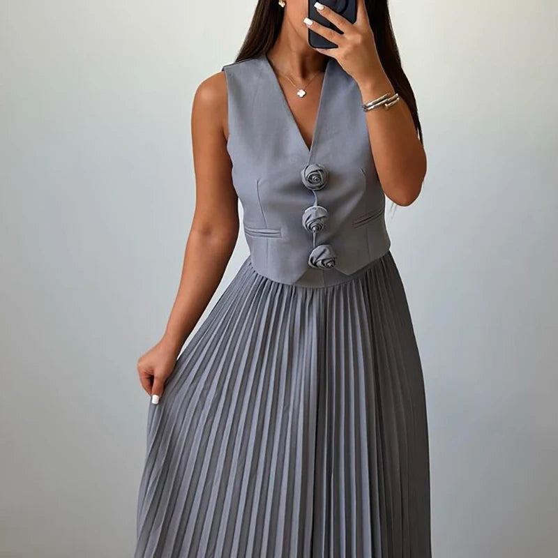 Elegant Temperament Slim Party Suit Office Simple Solid Color Pleated Outfits Ladies Sexy V Neck Rose Top and Long Skirt 2pc Set
