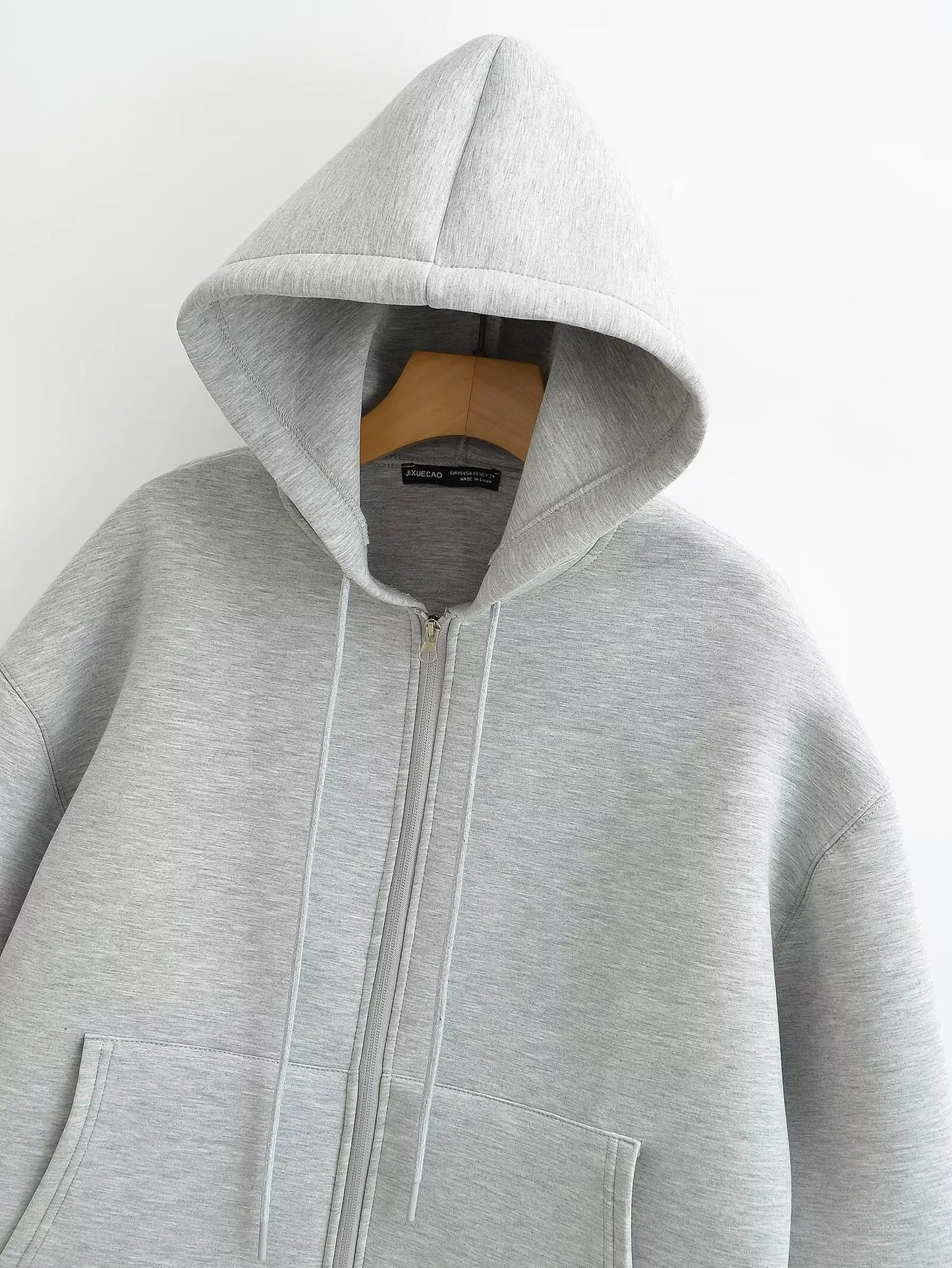 HH Autumn Women Gray Jacket With Hood Long Sleeve Big Pocket Zipper Jacket Coat Woman Loose Casual Outerwear Coat Tops