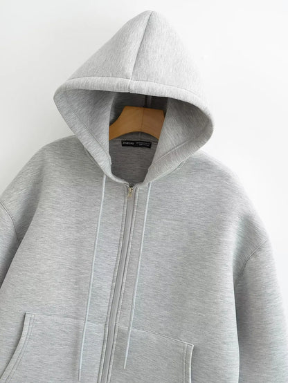 HH Autumn Women Gray Jacket With Hood Long Sleeve Big Pocket Zipper Jacket Coat Woman Loose Casual Outerwear Coat Tops