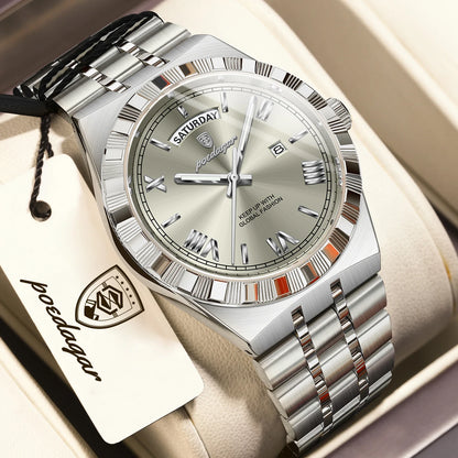 POEDAGAR Fashion Business Men's Watch Luminous Waterproof Week Date Luxury Man Wristwatch Stainless Steel Quartz Watches For Men