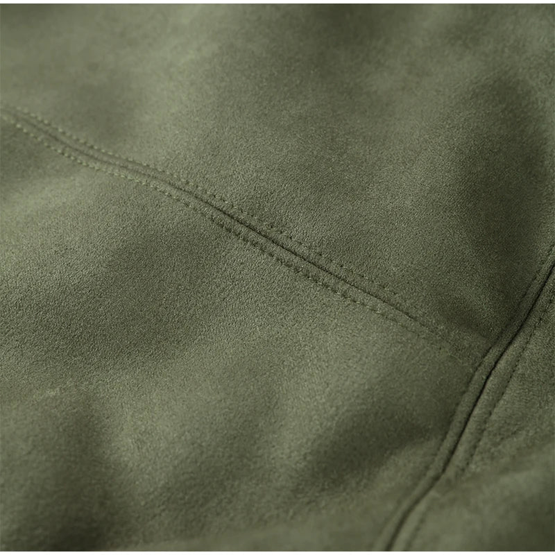 Autumn Women's Green Suede Short Jacket Loose Lapel Zipper Long Sleeve Bomber Coat Female 2025 New Lady High Street Outwears