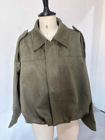 Autumn Women's Green Suede Short Jacket Loose Lapel Zipper Long Sleeve Bomber Coat Female 2025 New Lady High Street Outwears
