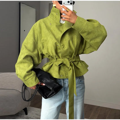 Autumn Women's Green Suede Short Jacket Loose Lapel Zipper Long Sleeve Bomber Coat Female 2025 New Lady High Street Outwears