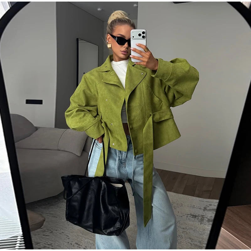 Autumn Women's Green Suede Short Jacket Loose Lapel Zipper Long Sleeve Bomber Coat Female 2025 New Lady High Street Outwears