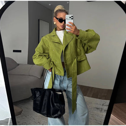 Autumn Women's Green Suede Short Jacket Loose Lapel Zipper Long Sleeve Bomber Coat Female 2025 New Lady High Street Outwears