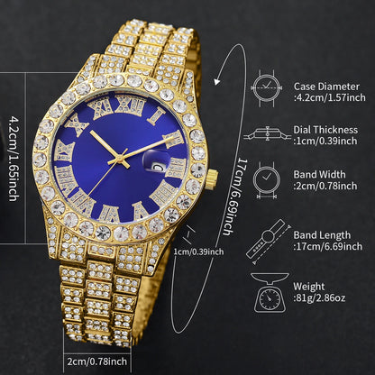 Luxury Full Diamond Men Calendar Quartz Watch Fashion Stainless Steel Band Male Quartz Wristwatches Date Clock Reloj Hombre
