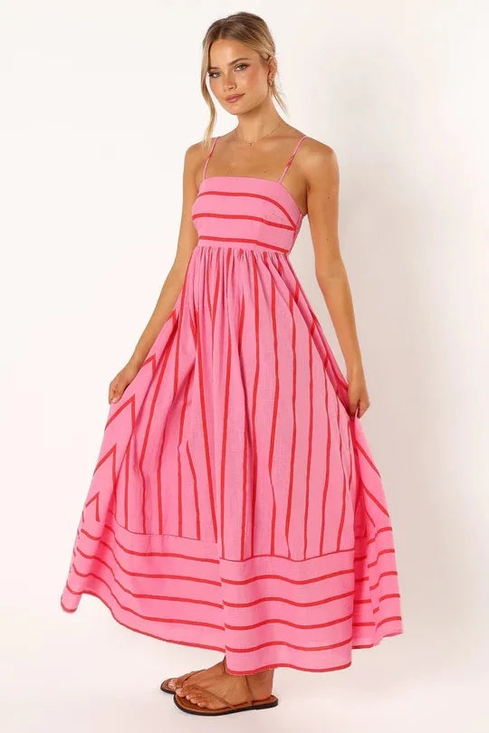 Fashion Stripe Slip Maxi Dress Women 2024 New Elegant Sleeveless Slash Neck Suspender Beach Dress Females Holiday Party Vestidos