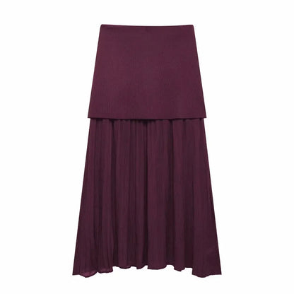 HH Women 2 Piece Skirt Set Elegant V-Neck Sleeveless Button Knitted Vest Top+Splicing High Waist Zipper Ankle-Length Skirts