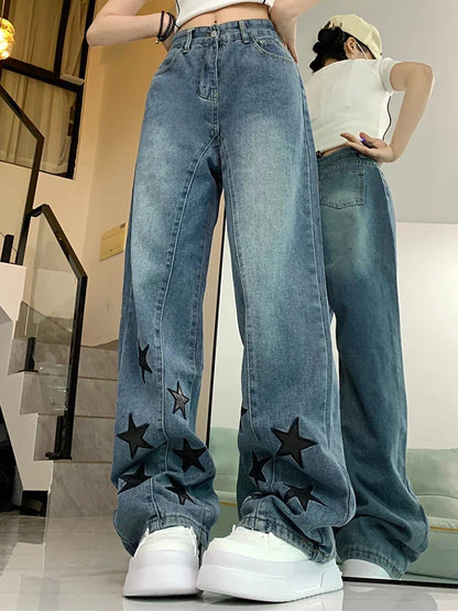 Woman Men American Retro Jeans High Waist Straight Wide Leg Denim Pants High Street Unisex Punk Washed Oversized Loose Trousers