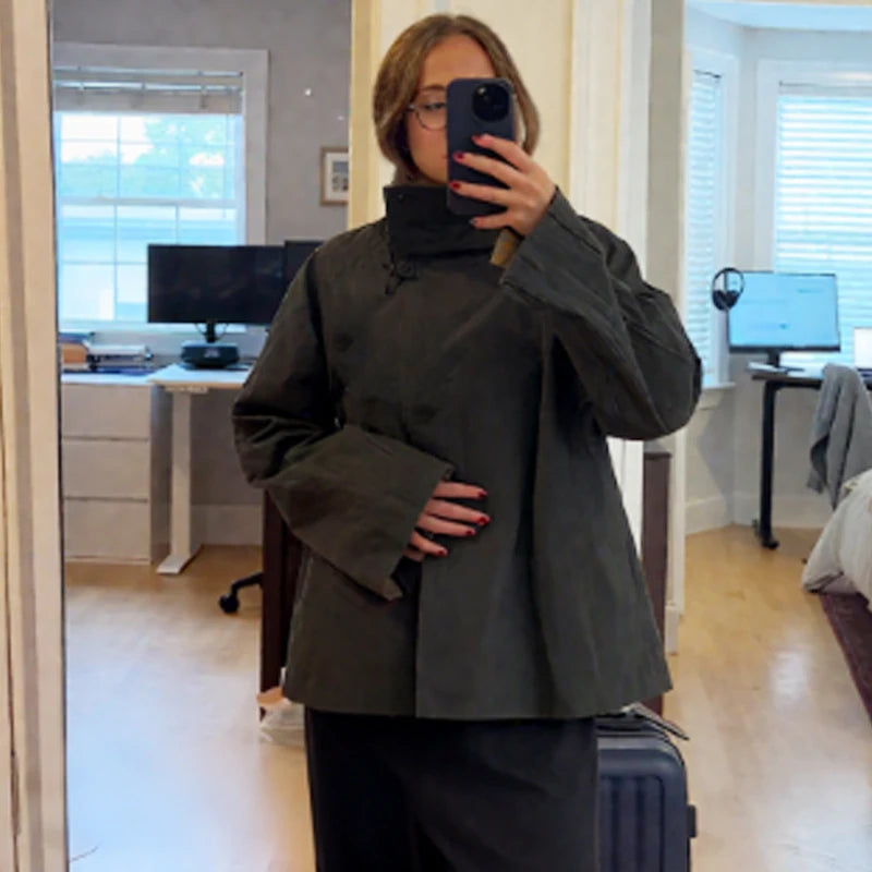 HXAO Women's Jacket Autumn Crop Reversible Trench Coat New In Coat & Jacket Asymmetric Button High Neck Long Sleeve Windbreaker