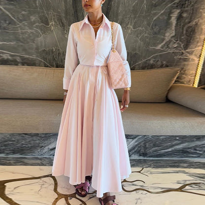 Women's Casual Pleated Skirts Set Two-piece Fashion Lapel Full Sleeve Button Top & Maxi Dress Lady 2025 Spring Street Outfits