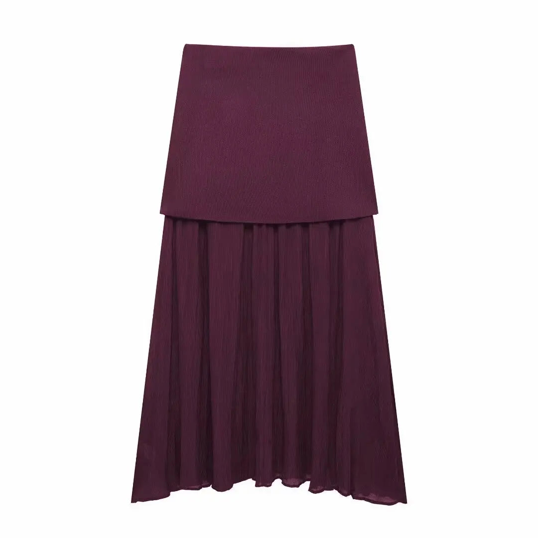 HH Women 2 Piece Skirt Set Elegant V-Neck Sleeveless Button Knitted Vest Top+Splicing High Waist Zipper Ankle-Length Skirts