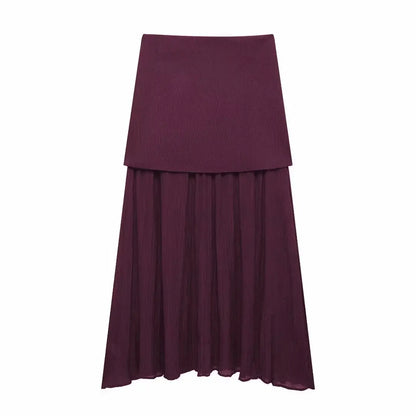 HH Women 2 Piece Skirt Set Elegant V-Neck Sleeveless Button Knitted Vest Top+Splicing High Waist Zipper Ankle-Length Skirts