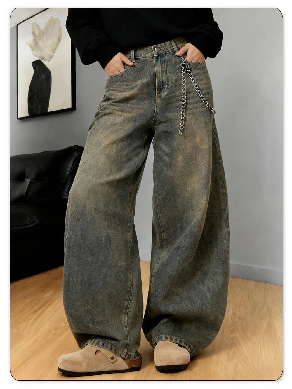American Retro Baggy Wide Leg Jeans Men's Korea Streetwear Distressed y2k Clothing Casual Daily Four Seasons Denim Pants Unisex