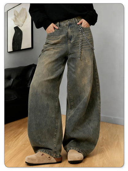 American Retro Baggy Wide Leg Jeans Men's Korea Streetwear Distressed y2k Clothing Casual Daily Four Seasons Denim Pants Unisex