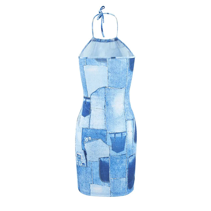 Summer Faux Denim Print Neck-mounted Spaghetti Strap Dress Women Sexy Slim Sleeveless Backless Dresses Fashion Wrap Hip Vestidos