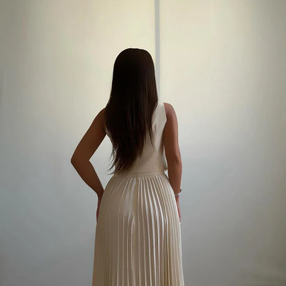 Elegant Temperament Slim Party Suit Office Simple Solid Color Pleated Outfits Ladies Sexy V Neck Rose Top and Long Skirt 2pc Set