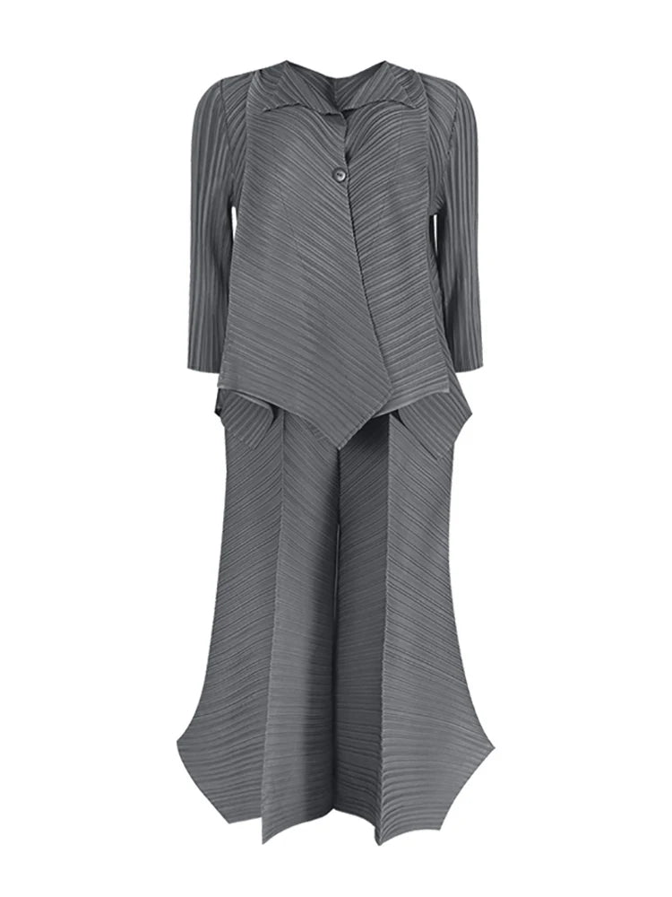 Miyake Pleated Two Piece Sets Spring New Korean Style Single Button Shirt Jacket Harem Pants Loose Designer Aesthetic Clothes